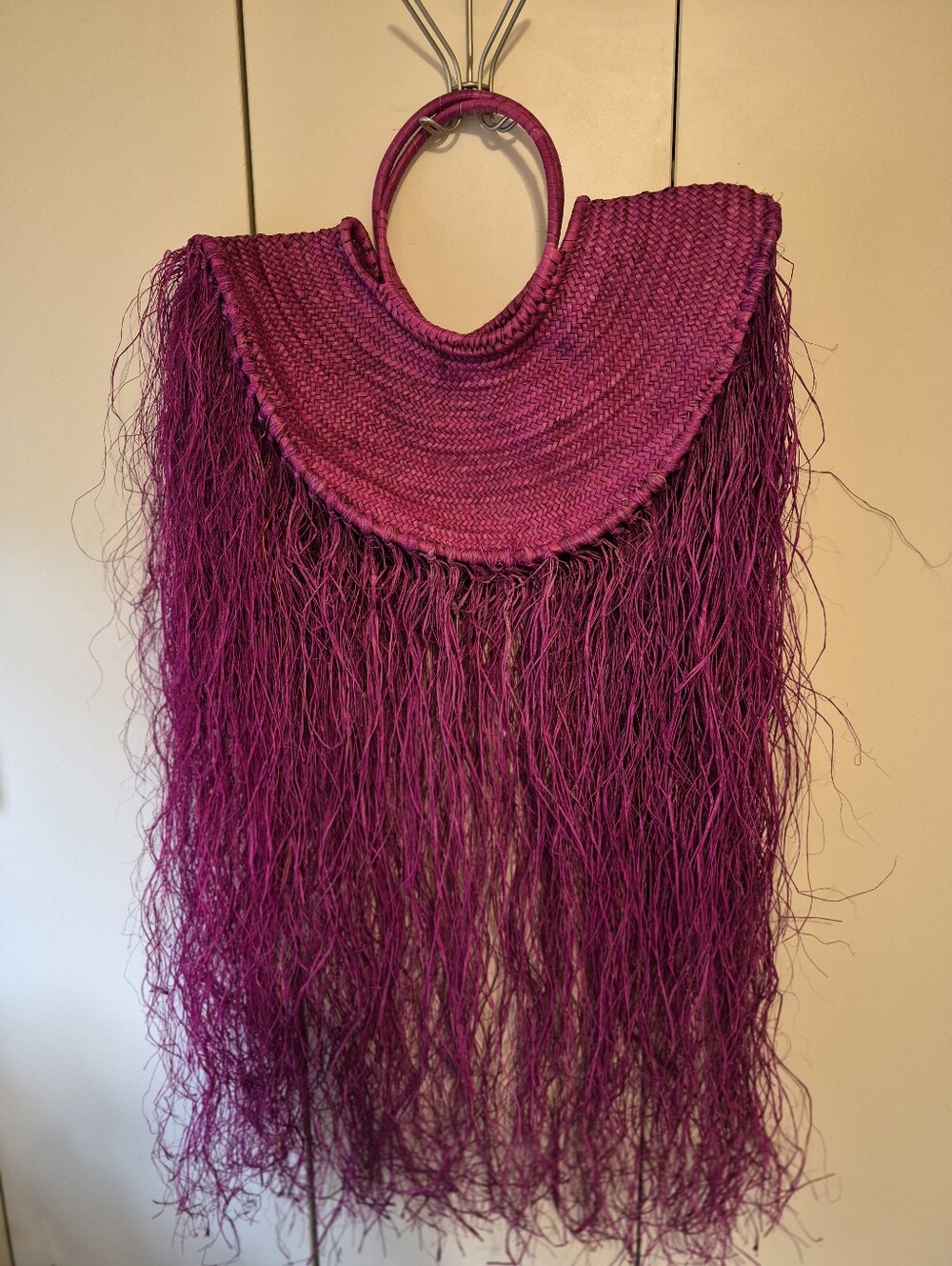 NEW Woven Fuchsia Raffia Fringe Trimmed "Statement" Tote Bag Handmade in Ghana